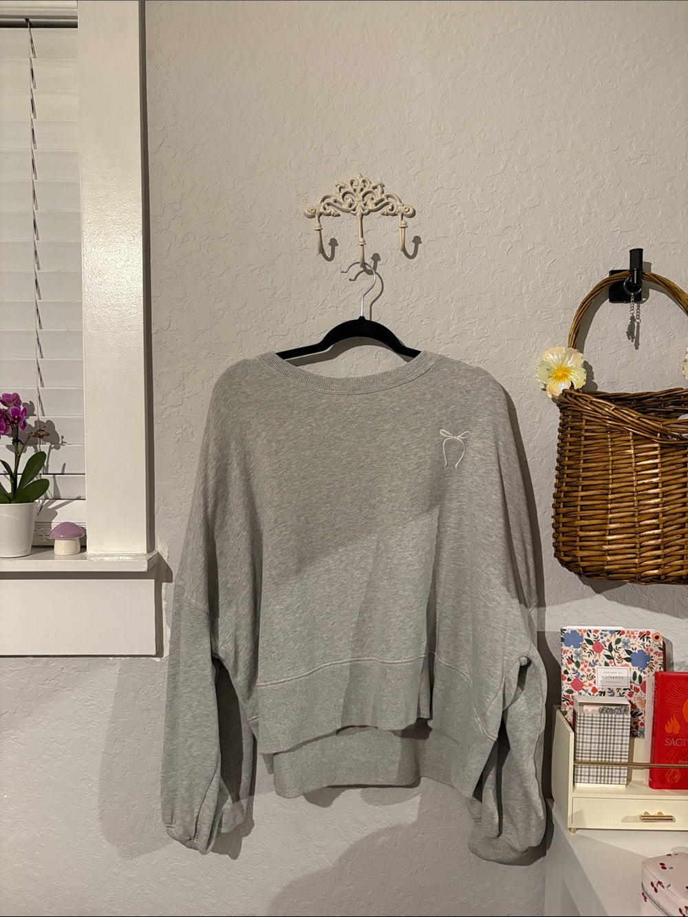 aerie Light Gray Sweatshirt with Minimal Bow Embroidery
